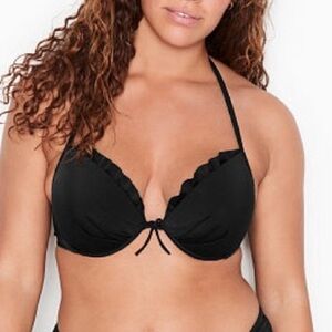 Victoria Secret Black Bikini Push Up Tie Top with ruffles and bow size 32DD